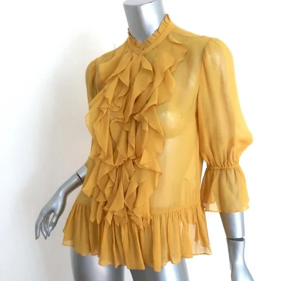 ULLA JOHNSON RUFFLE BLOUSE CASSAN MUSTARD CHIFFON SIZE 2 BELL SLEEVE TOP - Picture 3 of 8